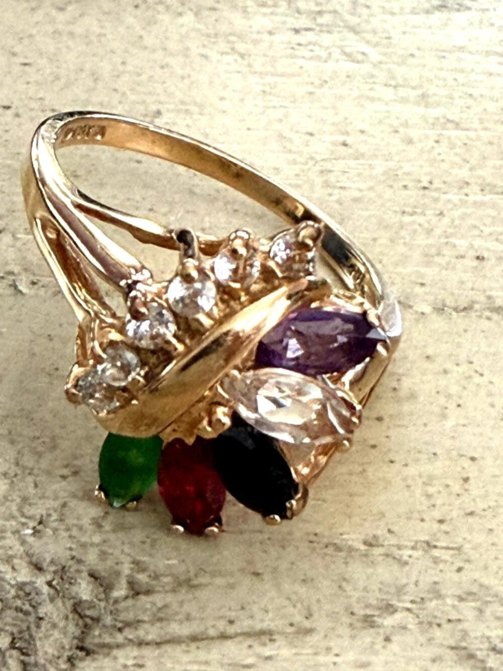 Vintage CJC14K Gold Multi-Gemstone Cocktail Mothers Ring Diamond Accents Size 8 - Picture 2 of 7